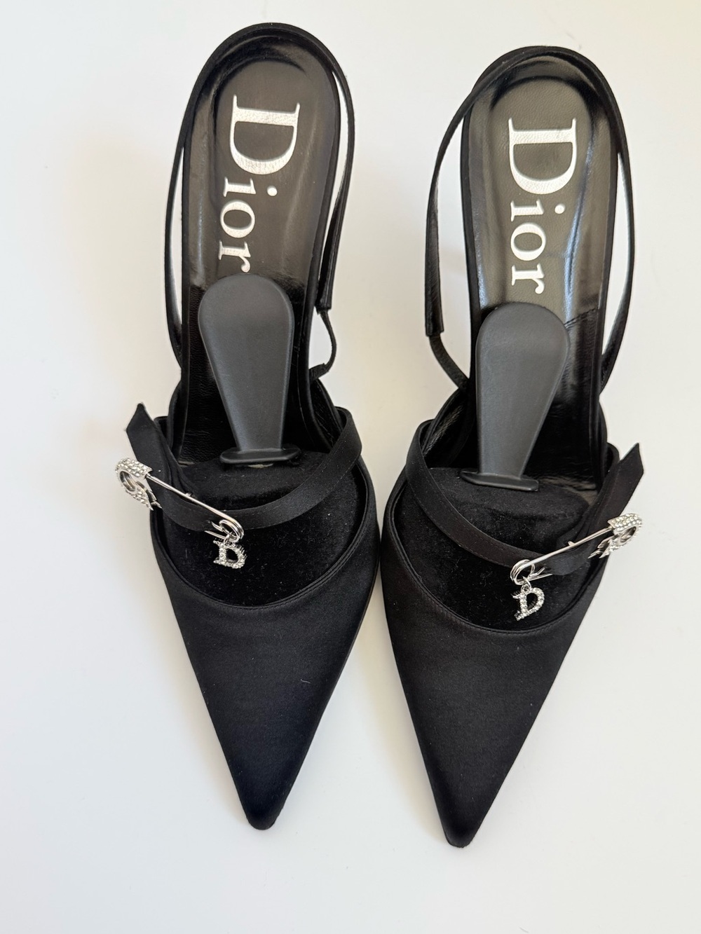 Christian Dior Black Satin Crystal Safety Pin D Charm Slingback Pumps EU 40.5